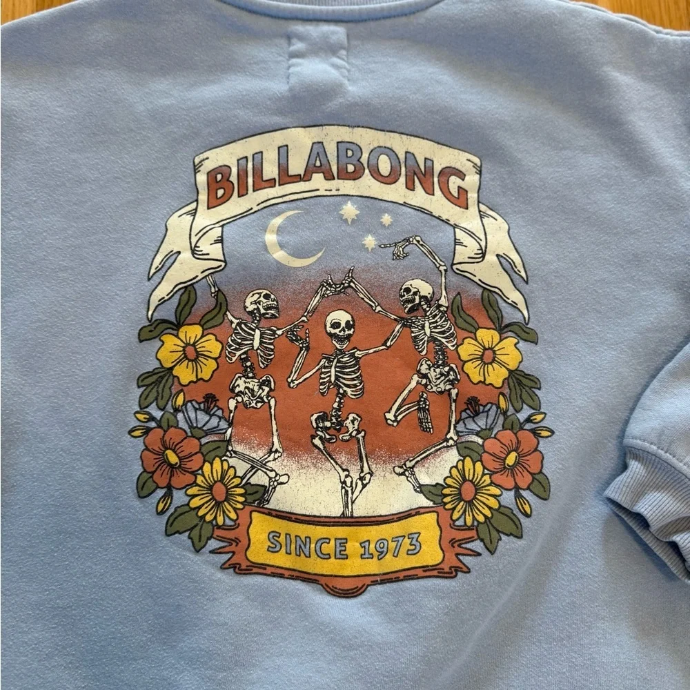 Billabong Women's Small Blue Crewneck Sweatshirt  Floral & Skeleton Graphic - Picture 5 of 6
